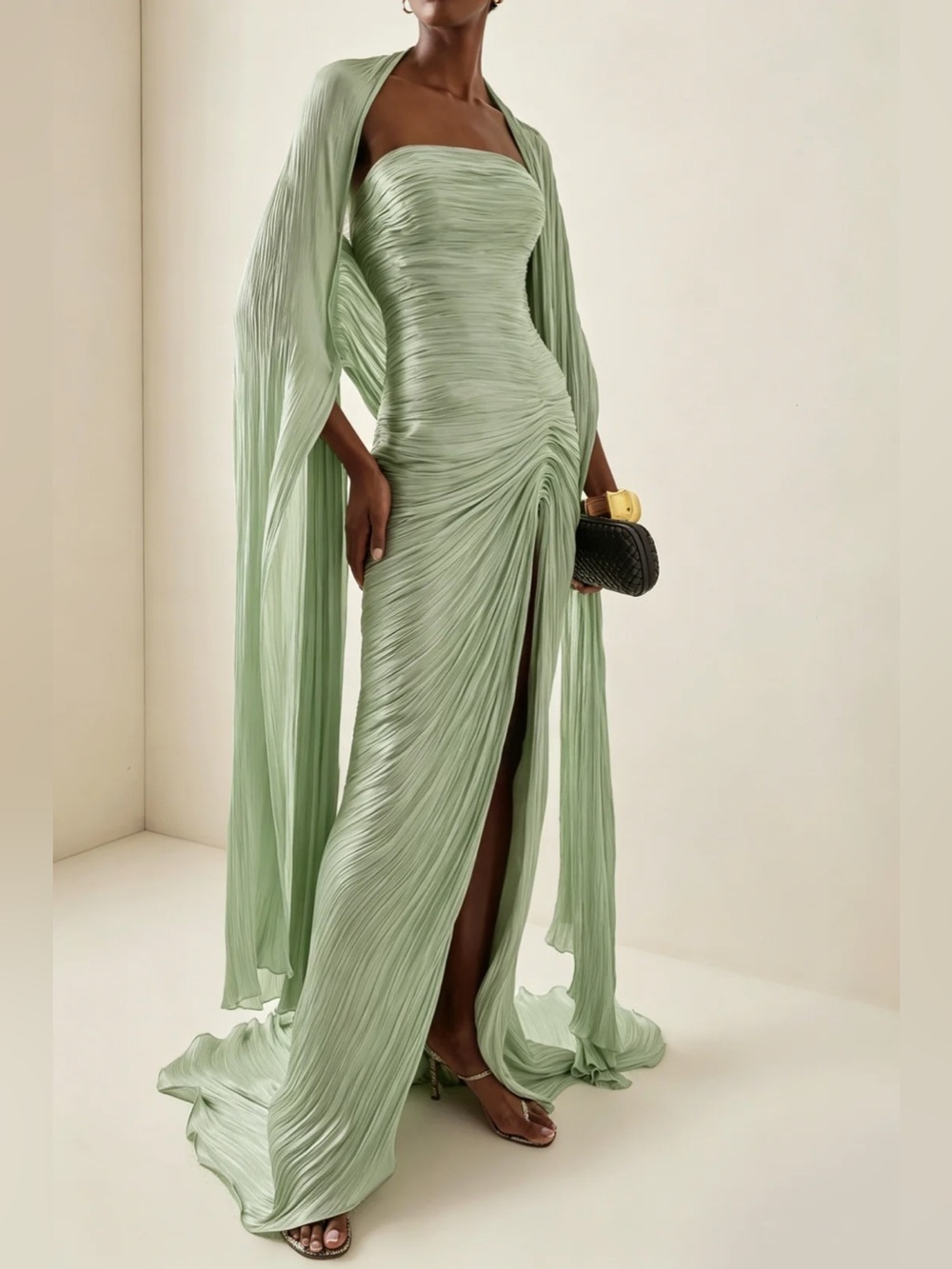 Strapless Sage Green Asymmetrical Evening Gown